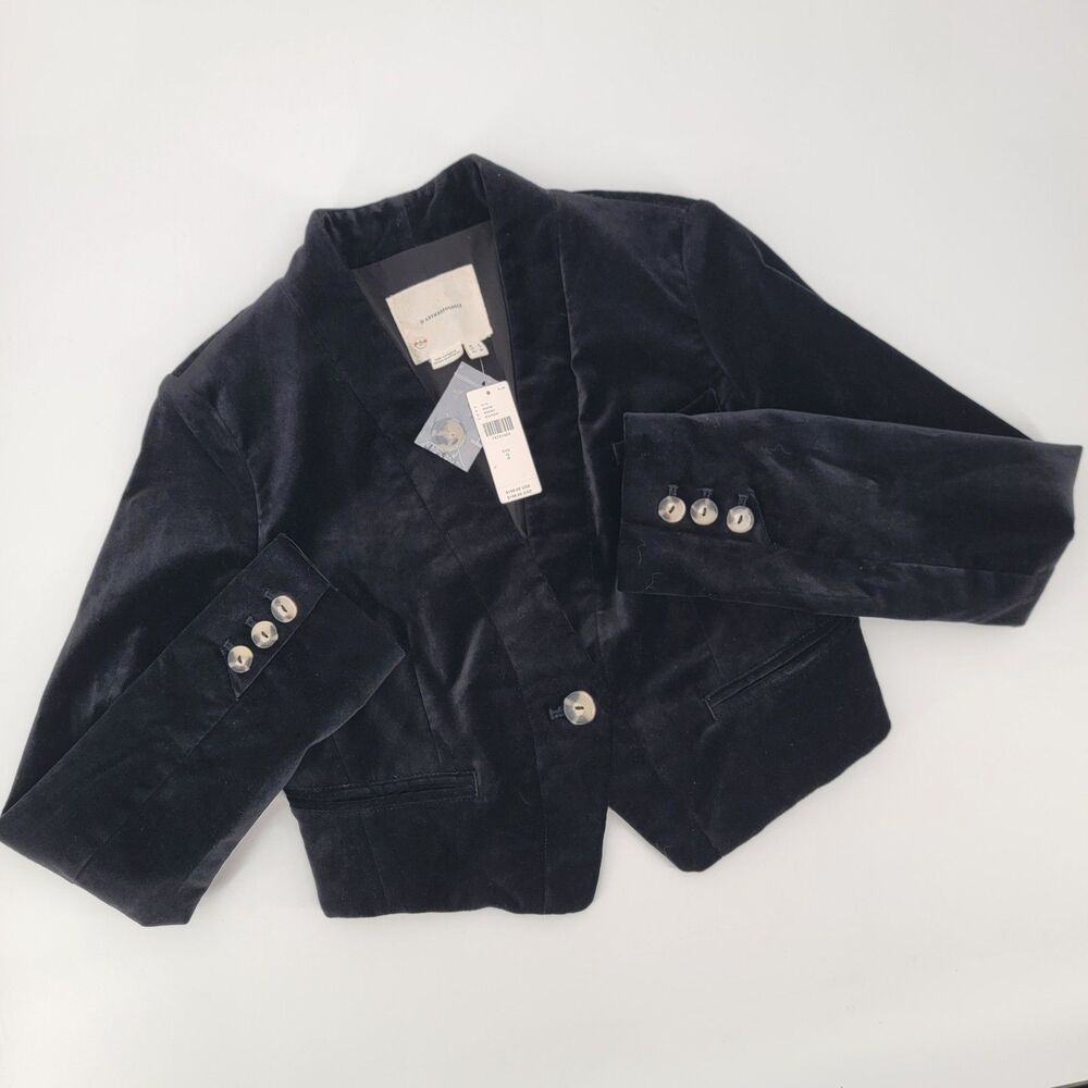 Anthropologie Womens Black Velvet Sz 2 Crop Bolero Blazer Jacket NWT